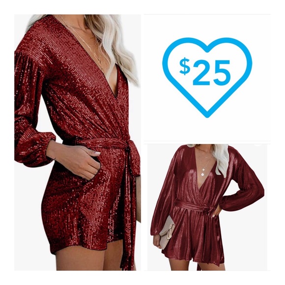 YOINS Pants - Metallic Party Romper Long Sleeve Jumpsuits V Neck Bandage Sparkle